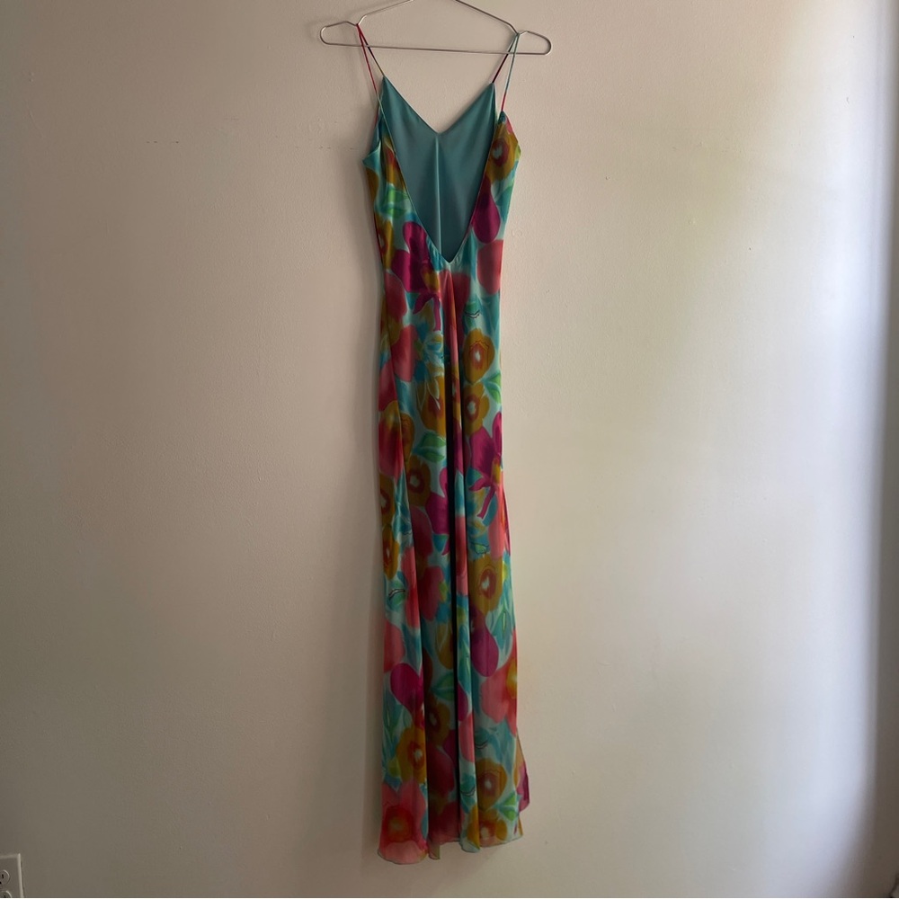 Backless Floral Turquoise Aqua Slip Maxi Dress with Pink & Yellow Flowers